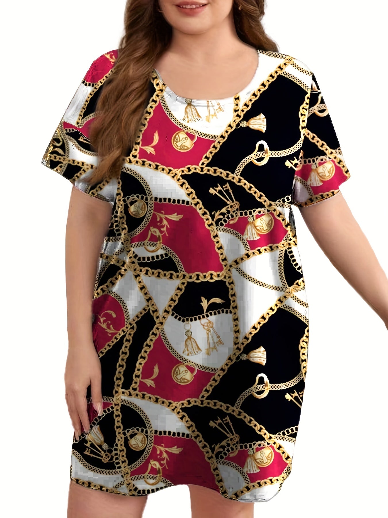 Colorblock Chain Print Round Neck Sleep Dress