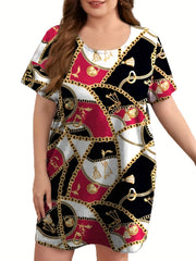 Colorblock Chain Print Round Neck Sleep Dress