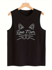 Abstract Cat Pattern Sleeveless Sports Vest Round Neck Casual Tops