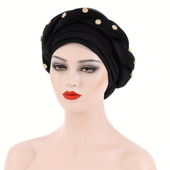 Pleated Turban Cap Flower Decor Twist Head Wrap Elastic Bonnet Beanie Chemo Hats