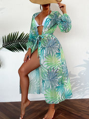 Leaf Print Tie Belt Long Sleeve Kaftan Cover Up Dress