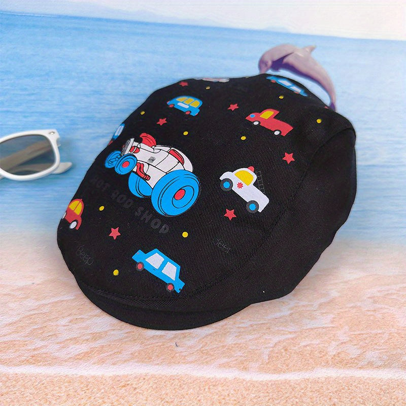 Unisex Striped Duck Tongue Hat with Car Embroidery for Boy