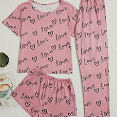 Heart Print Pajama Set Short Sleeve Crew Neck Top & Elastic Waistband Shorts