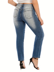 Washed Ripped Button Fly High Stretch Jeans