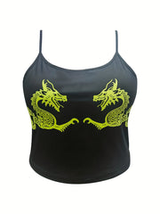 Casual Cami Top Women's Plus Dragon Print Medium Stretch Crop Cami Top
