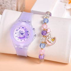 Cartoon Moon Rabbit Silicone Strap Girls Watch Set