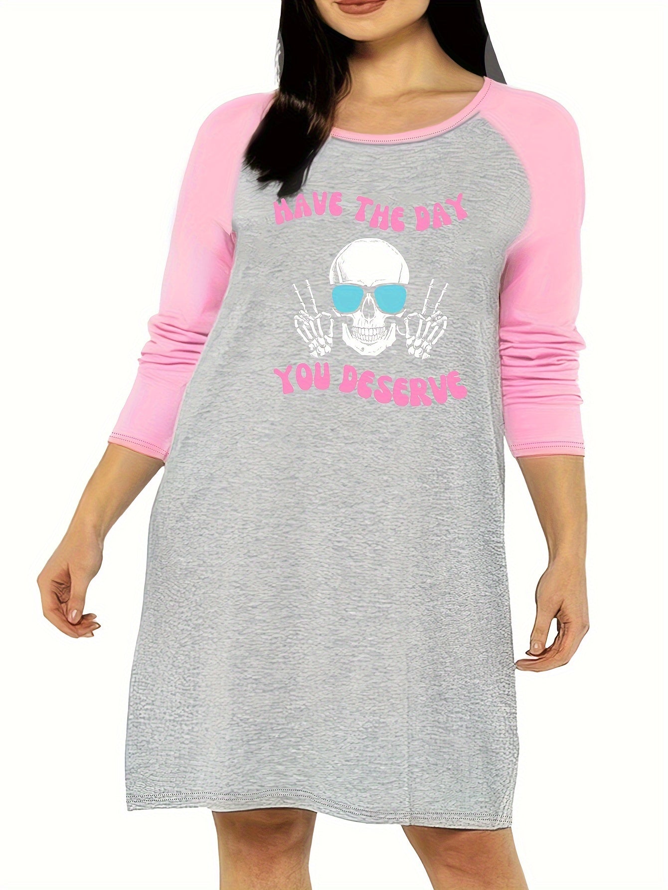 Funny Skull Print Raglan Sleeve Tee Sleep Dress