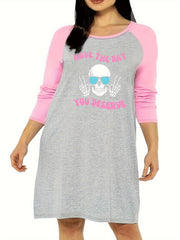 Funny Skull Print Raglan Sleeve Tee Sleep Dress