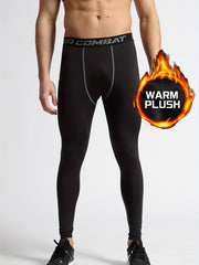 Men's Solid Fleece Warm Compression Pants for Outdoor Workout