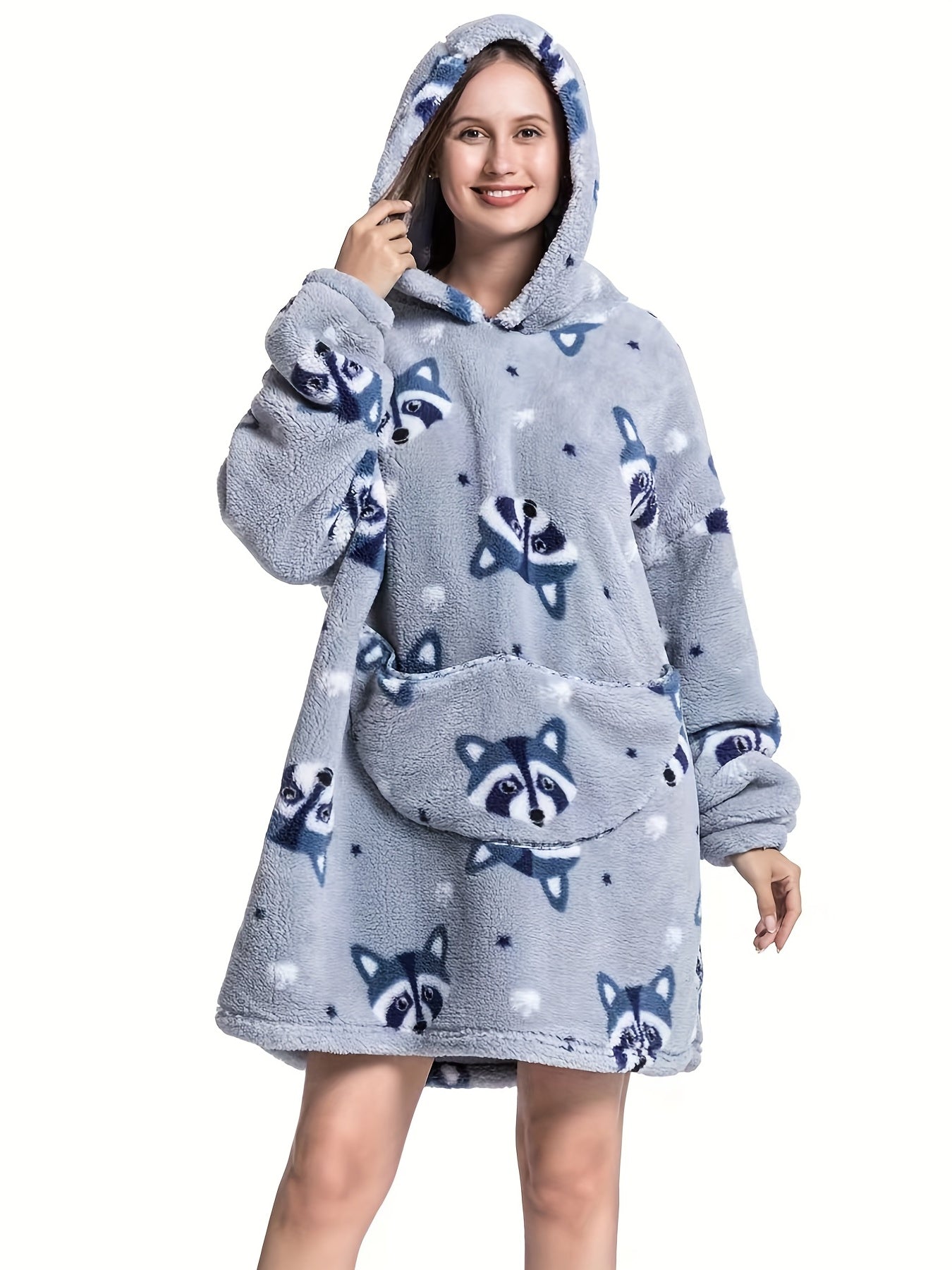 Plus Size Raccoon Print Flannel Hooded Wearable Blanket
