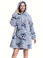 Plus Size Raccoon Print Flannel Hooded Wearable Blanket