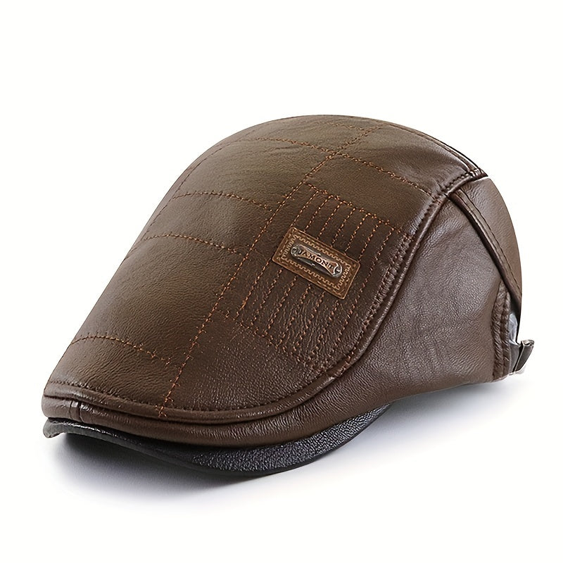 PU Leather Beret Hat Men's Autumn Winter Faux Leather Duckbill Newsboy Cap