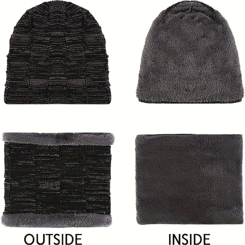 Mens Winter Beanie Hats Scarf Set Fleece Lined Warm Knitted & Scarf For Men