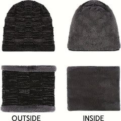 Mens Winter Beanie Hats Scarf Set Fleece Lined Warm Knitted & Scarf For Men