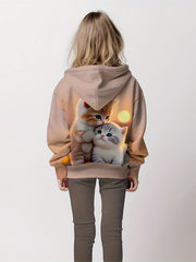 Girls Kitty Print Pocket Hoodies Pullover Spring Fall Sports Gift
