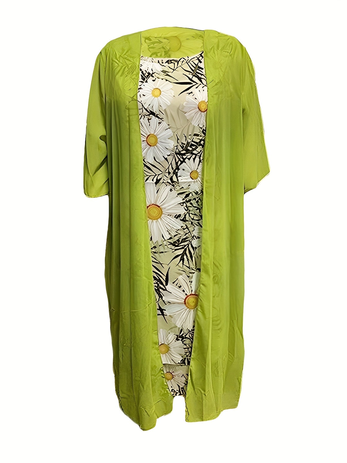 Solid Open Front Top & Floral Print Dress Set