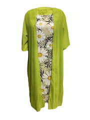Solid Open Front Top & Floral Print Dress Set