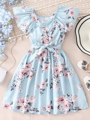 Toddler Girls Ruffle Trim Flowers Graphic Princess Belted Dress