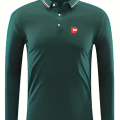 Men's Thumb Up Print Long Sleeve Polo Shirt Casual Slightly Stretch Breathable
