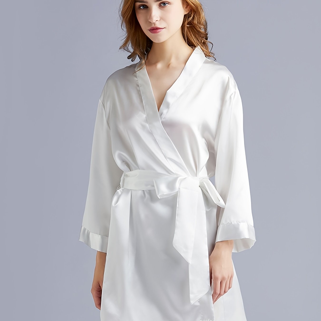 Solid Kimono Robe Embroidery Queen Short Robe With Belt
