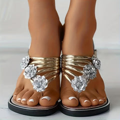 Women's Flower & Rhinestone Slide Sandals Clip Toe Outdoor Roman Beach Shoes