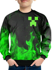 Green Flame Print Kid's Sweatshirt Unisex Pullover Causal Long Sleeve Top