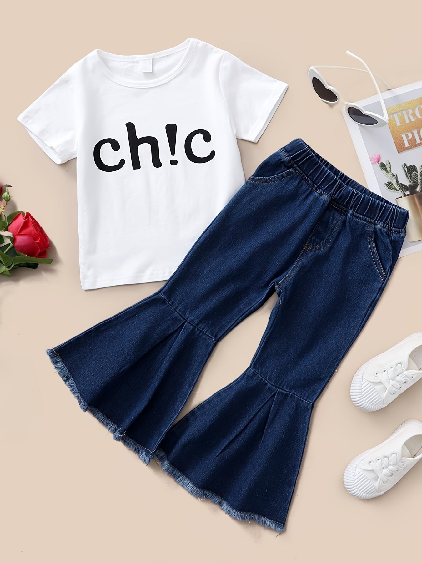 Toddler Girl's Print T shirt & Denim Pants Set for Summer