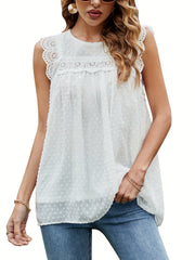 Lace Ruched Tank Top Crew Neck Sleeveless Summer Top