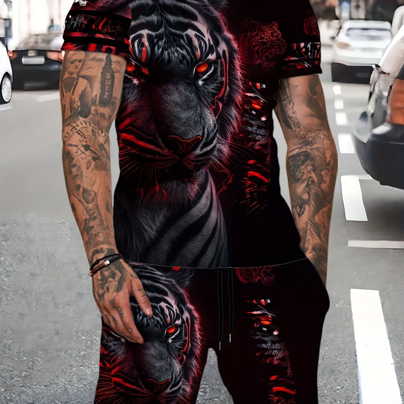 Lion 3d Pattern Men's 2 Piece Outfits Short Sleeve T-shirt And Shorts Set