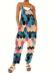 Geo Print Overall Jumpsuit Casual Sleeveless Pockets Wide Leg Jumpsuit