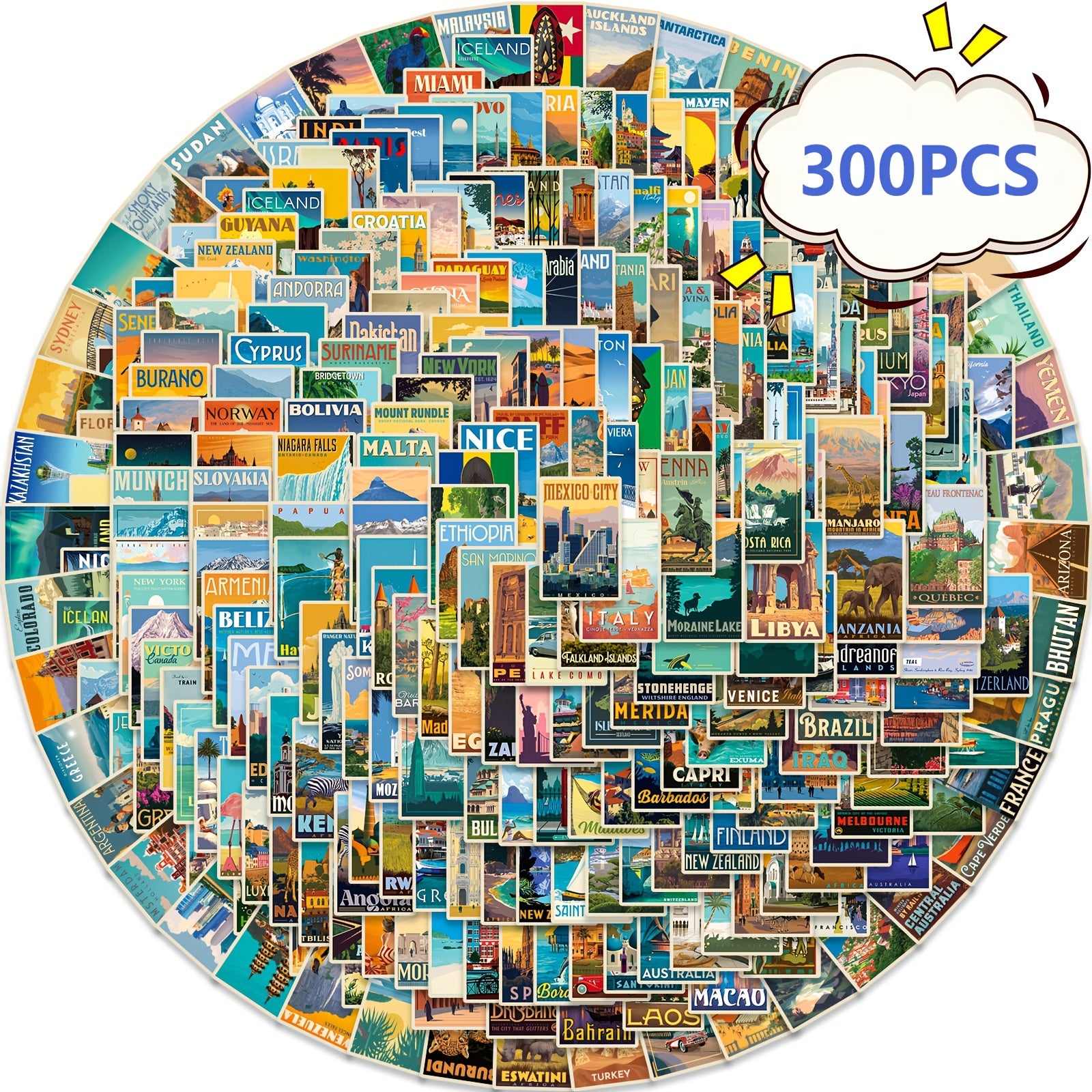 300pc 12 Sheets World Landmark Retro Poster Waterproof Stickers
