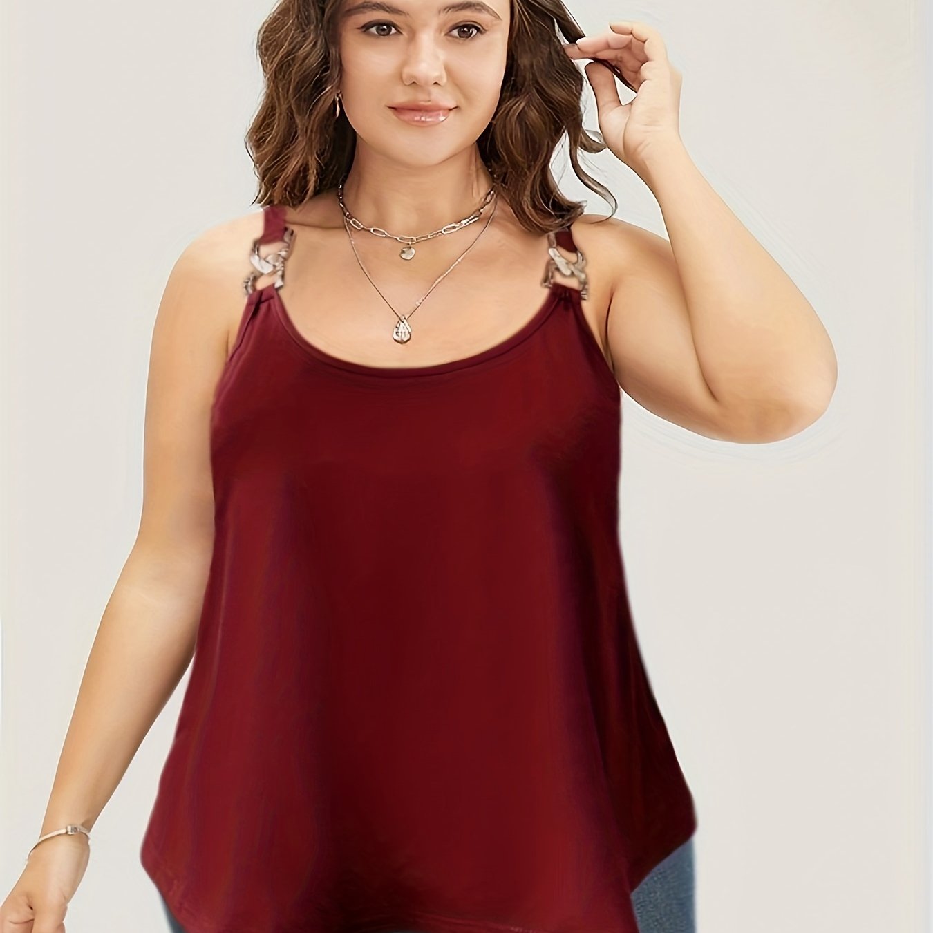 Casual Tank Solid Metal Decor Round Neck