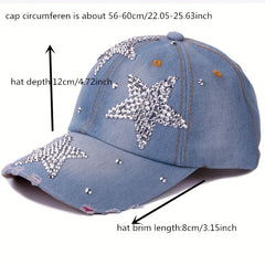 Rhinestone Pentagram Baseball Cap Ripped Distressed Cotton Dad Hat
