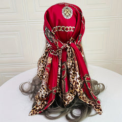 Red Square Scarf Leopard Print Gold Chain Silk Neck Shawl Headwrap