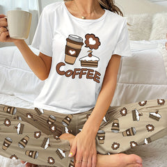 Coffee Print Pajama Set Short Sleeve Top & Pants Women's Sleepwear
