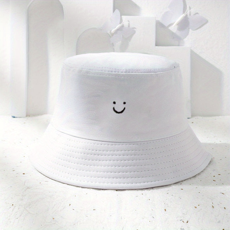 Smiling Face Bucket Hat Embroidery Fisherman Cap Unisex Couple Basin Hats
