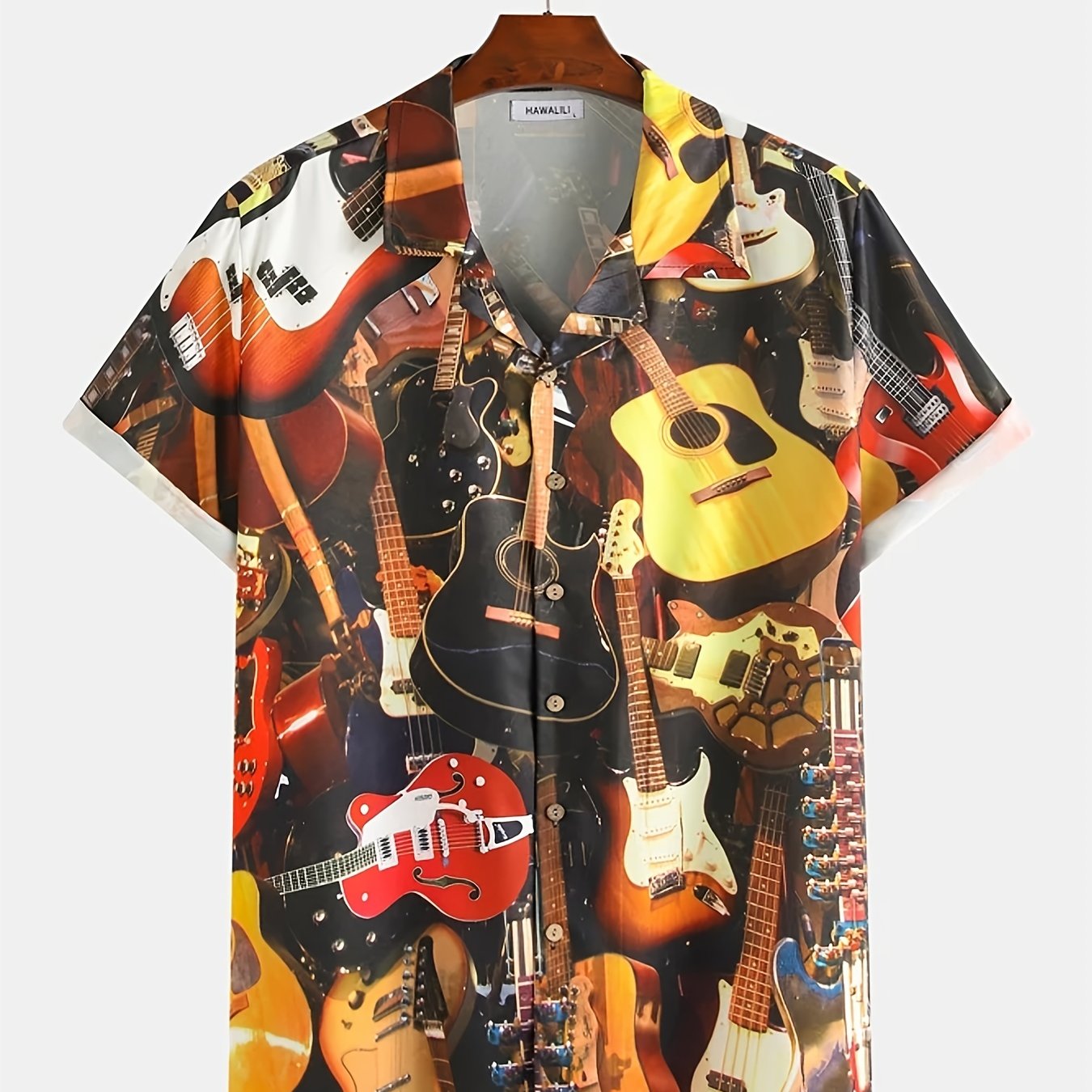 Men's Guitar Print Hawaiian Shirt Short Sleeve Casual Shirt