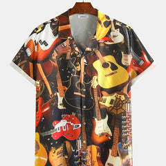 Men's Guitar Print Hawaiian Shirt Short Sleeve Casual Shirt