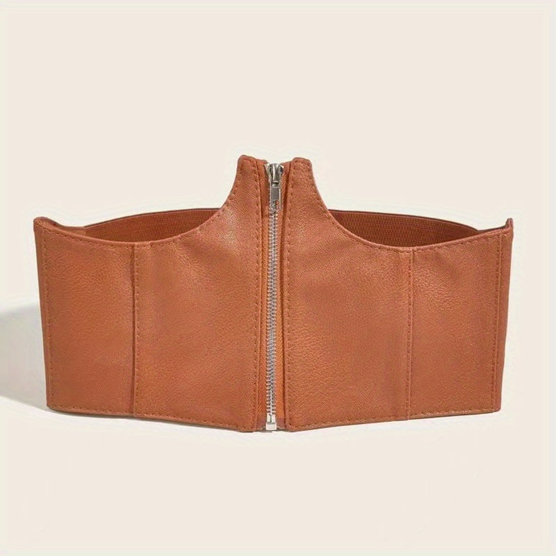 Wide Waistband Lychee Pattern Embossed Zipper Corset Belt for Women