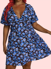 Rose Print Short Sleeve V Neck Dress