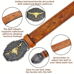 Men's Western Cowboy Leather Belt Long Horn Bull Buckle Embossed Floral