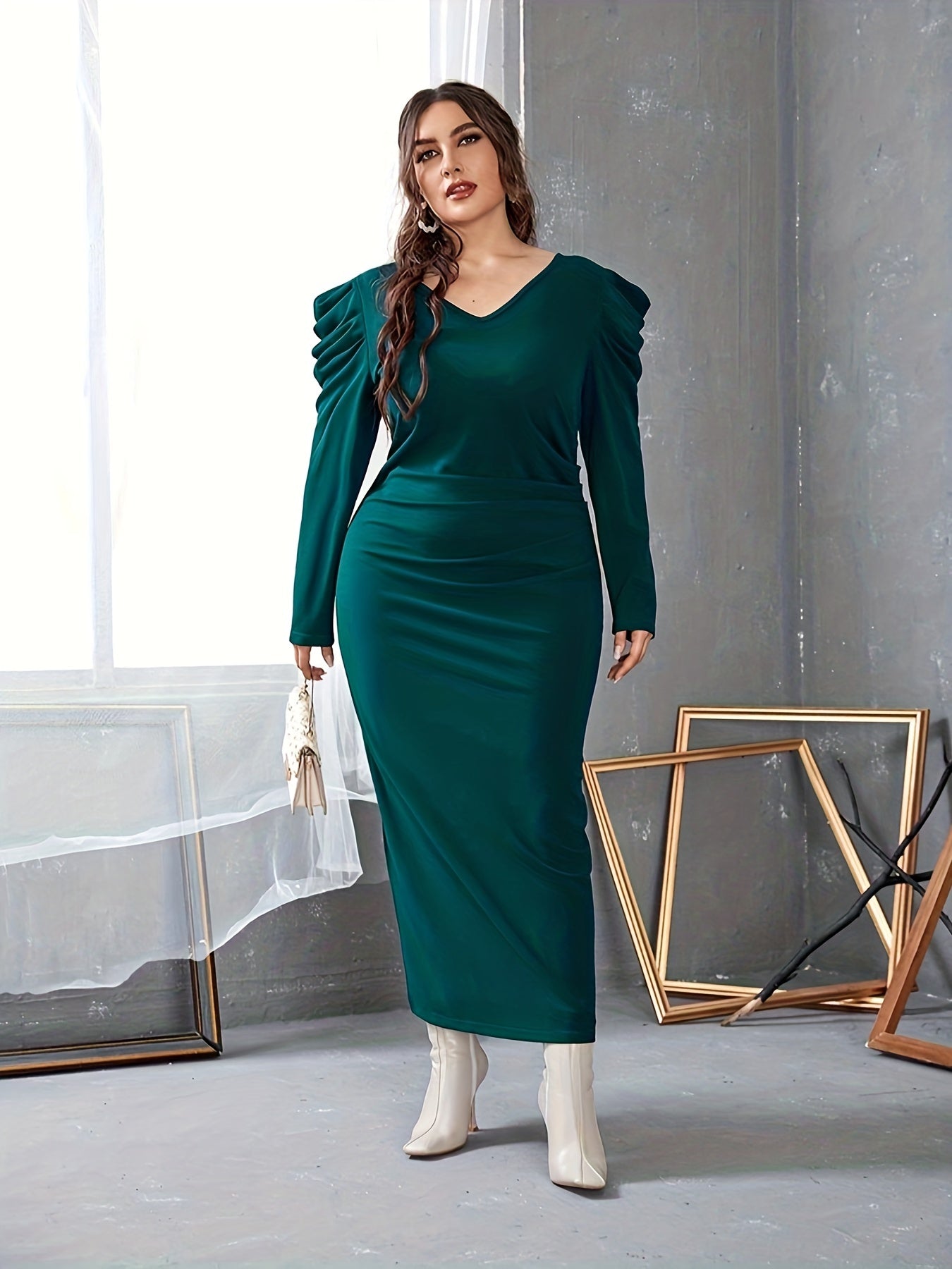 Solid Draped Long Sleeve V Neck Bodycon Midi Dress