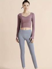 Solid Yoga Quick Drying Crop Top Long Sleeve Running Sports T shirt