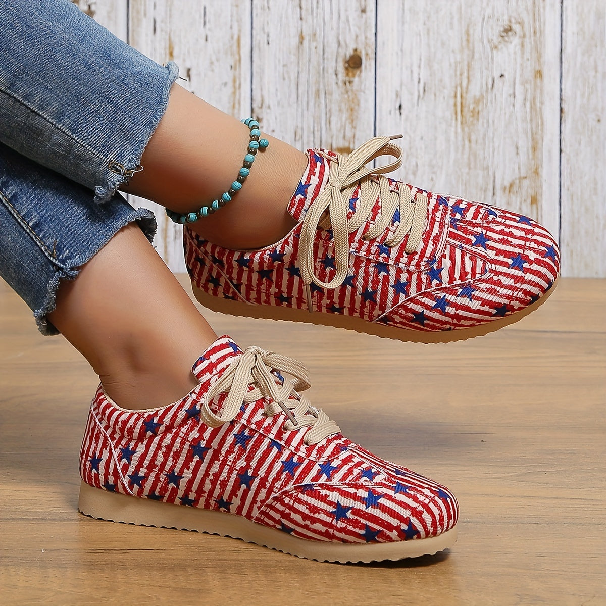 Women's Star & Striped Canvas Shoes Lace Up Lightweight 4th Of July Shoes