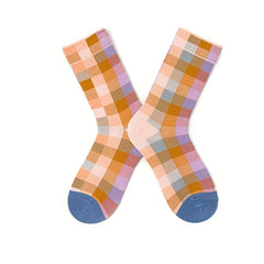 Colorblock Plaid Socks Comfy & Funny Mid Tube Socks Women's Stockings