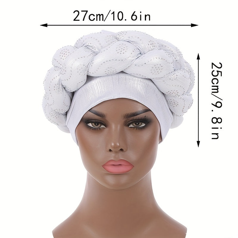 Silvery Turban Cap Twisted Braided Pre tied Big Head Wrap Elastic
