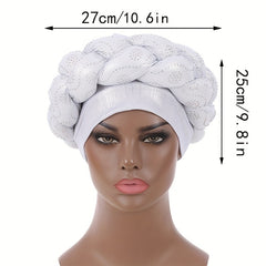 Silvery Turban Cap Twisted Braided Pre tied Big Head Wrap Elastic