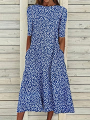 Floral Print Half Sleeve Round Neck Dress With Pockets