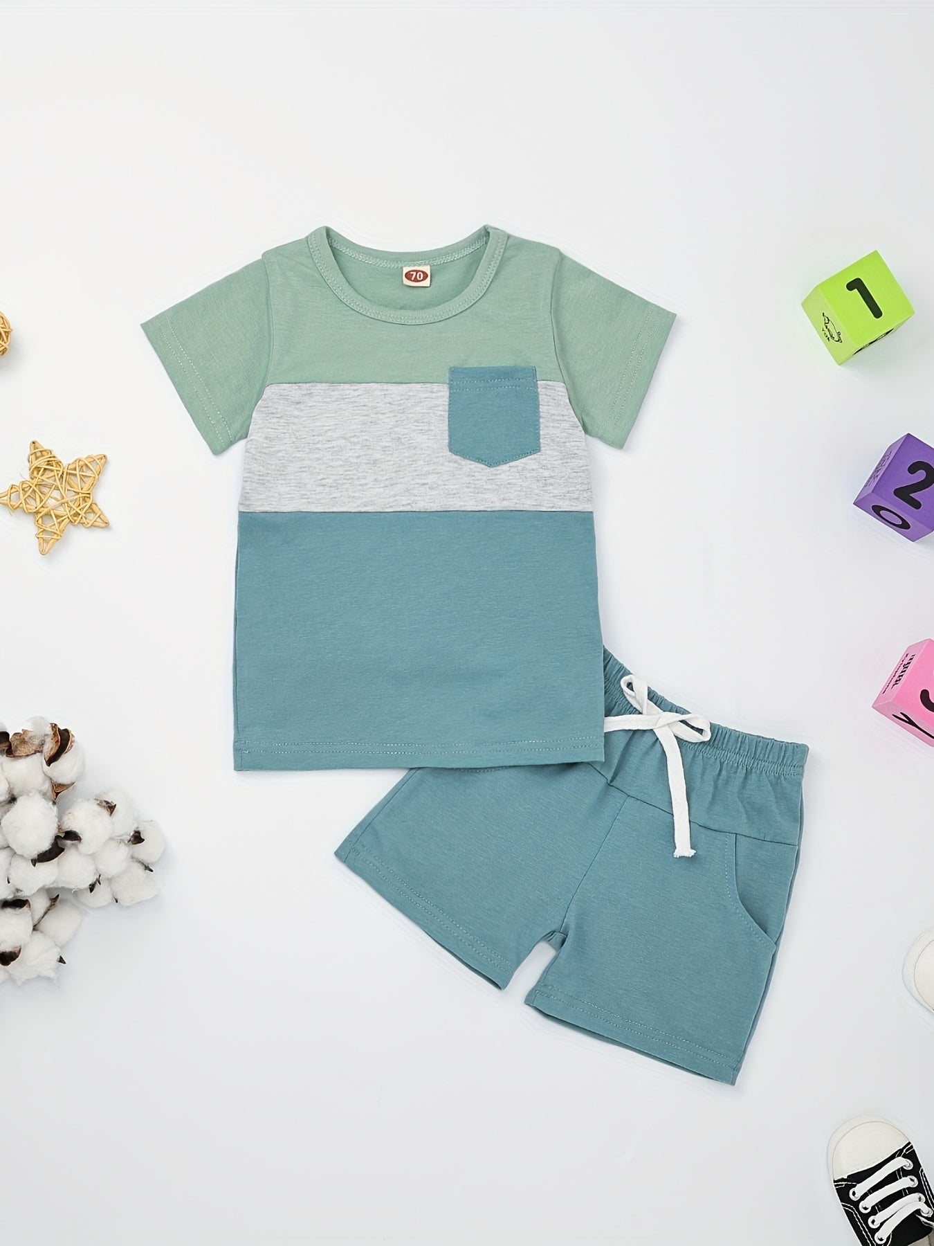 2pcs Baby Boys Block Pocket Patched T shirt & Shorts Set Clothes
