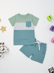 2pcs Baby Boys Block Pocket Patched T shirt & Shorts Set Clothes